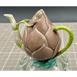 Artichoke-Inspired Ceramic Teapot Figure Leaf Stem Handle Unique Collectible